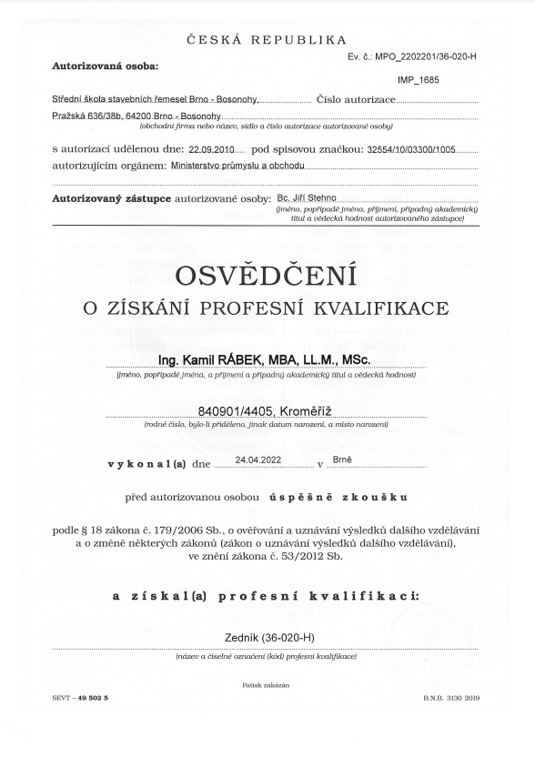 Osvědčení - zedník