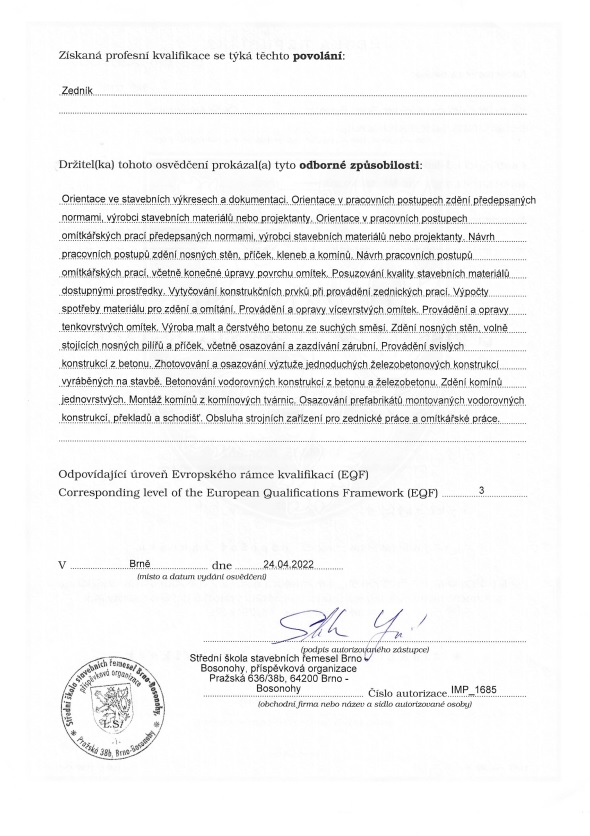 Osvědčení - výpis činností